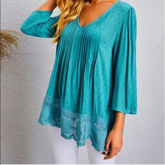 NWT! SWISS DOT LACE TRIM SOLID BLOUSE IN CADET BLUE! - Picture 10 of 12